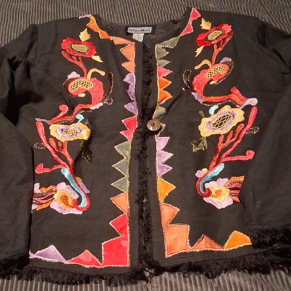 Indigo Black Embroidered Floral Jacket with Multicolor Accents